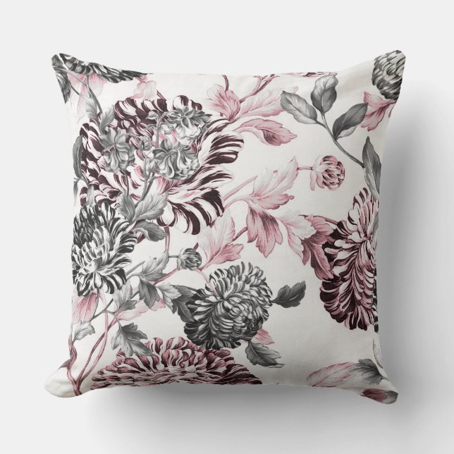 Blush Pink Black White Botanical Floral Toile Throw Pillow (Front)