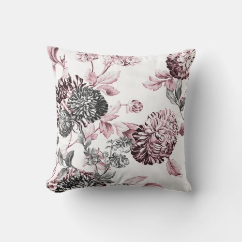 Blush Pink Black  White Botanical Toile Throw Pillow