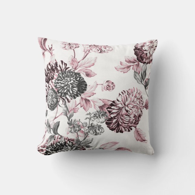 Blush Pink Black & White Botanical Toile Throw Pillow (Front)
