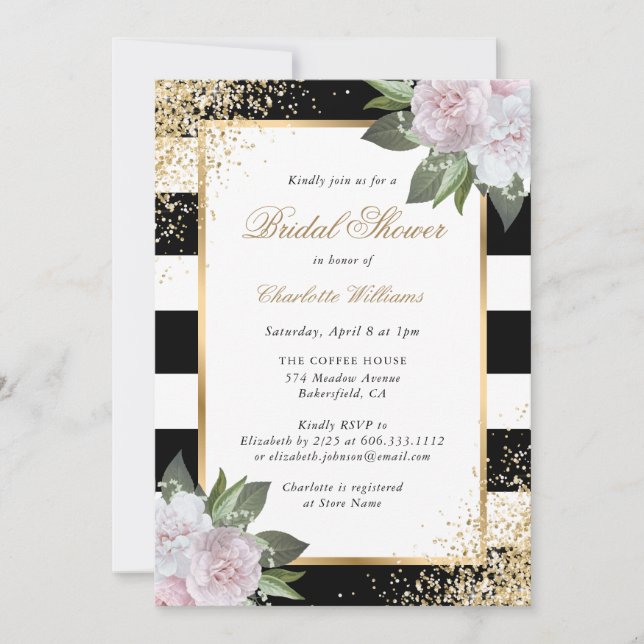 Blush Pink Black White Gold Floral Bridal Shower Invitation (Front)
