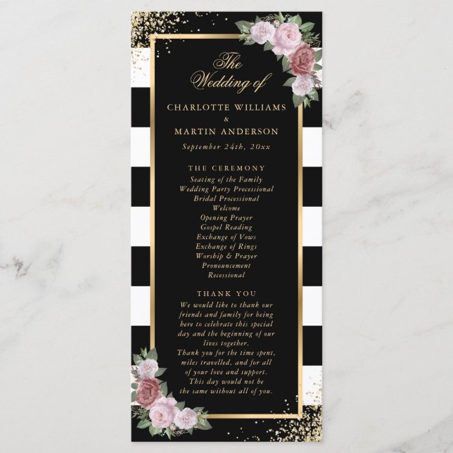 Blush Pink Black White Gold Floral Wedding Program (Front)