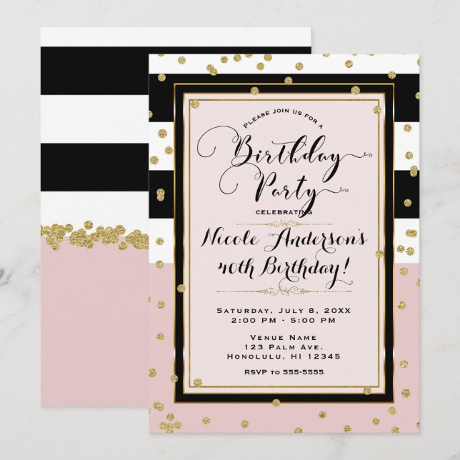 Blush Pink Black White & Gold Glam Birthday Party Invitation (Front/Back)