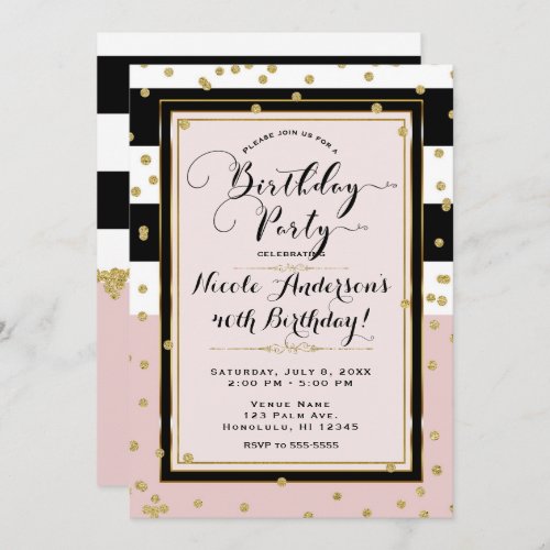 Blush Pink Black White  Gold Glam Birthday Party Invitation