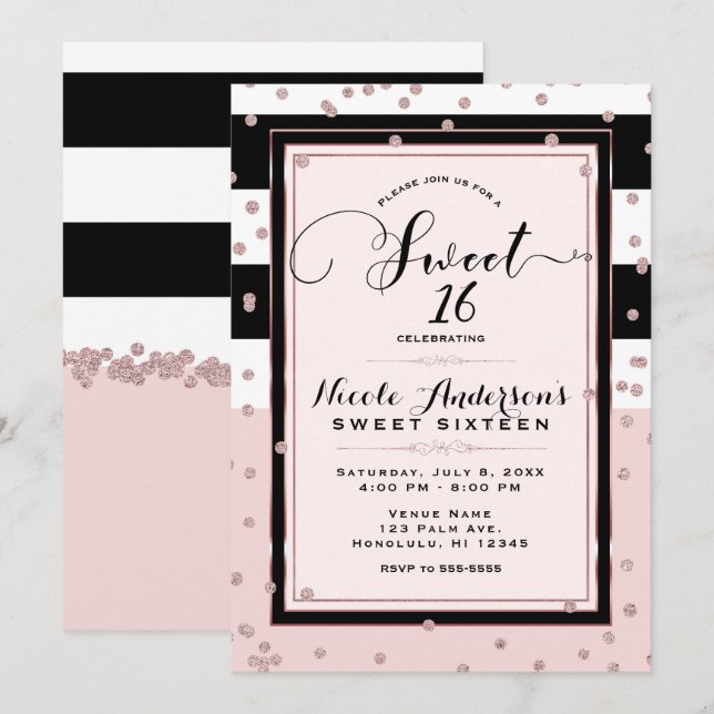 Blush Pink Black White Rose Gold SWEET 16 Party Invitation (Front/Back)