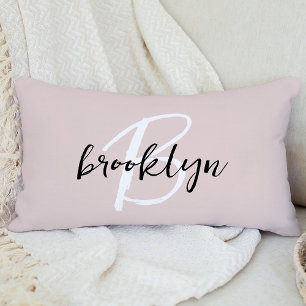 Blush Pink Black White Script Monogram  Lumbar Pillow