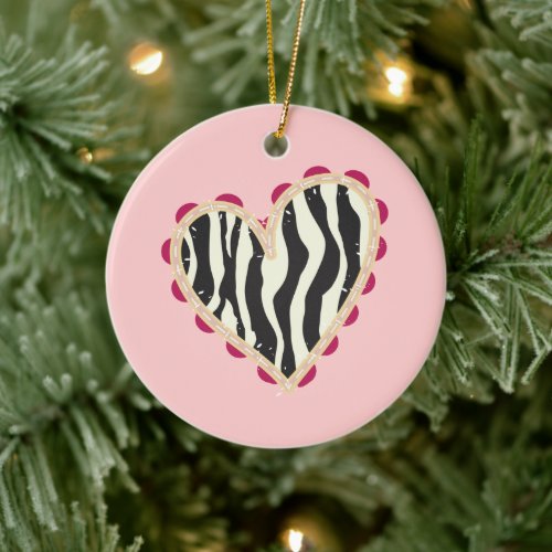 Blush Pink Black White Zebra Print Heart Ceramic Ornament