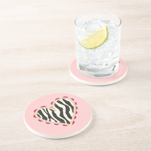 Blush Pink Black White Zebra Print Heart Coaster