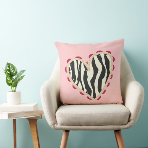 Blush Pink Black White Zebra Print Heart Throw Pillow