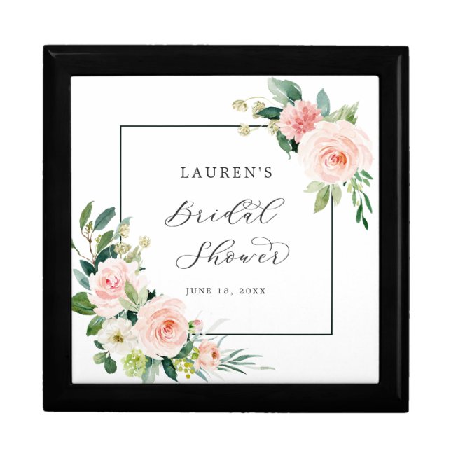 Blush Pink Bloom Bridal Shower Wooden Keepsake Gift Box (Front)