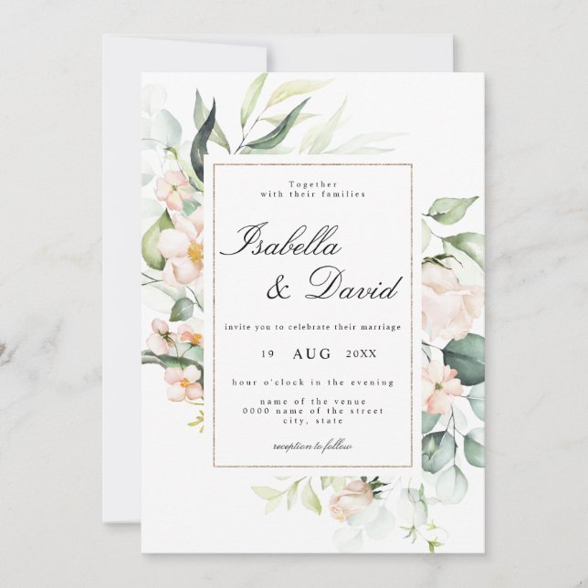 Blush Pink Bloom Elegant Floral Eucalyptus Wedding Invitation (Front)