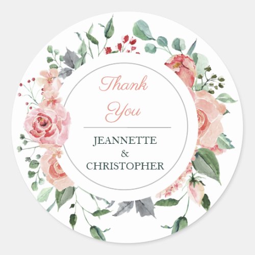 Blush Pink Bloom Romantic Wedding Thank You Classi Classic Round Sticker