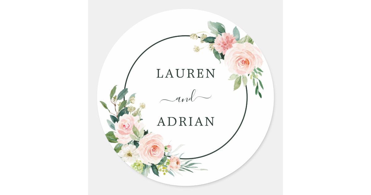 Blush Pink Bloom Wedding Classic Round Sticker | Zazzle