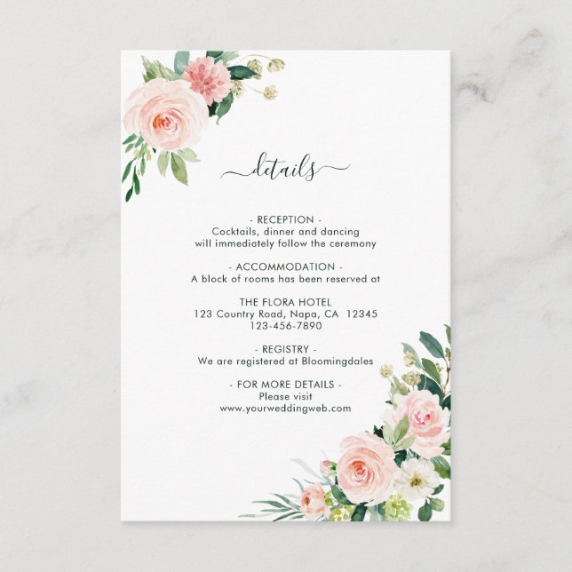 Blush Pink Bloom Wedding Details Enclosure Card (Front)