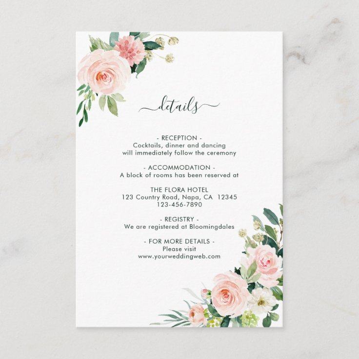 Blush Pink Bloom Wedding Details Enclosure Card | Zazzle