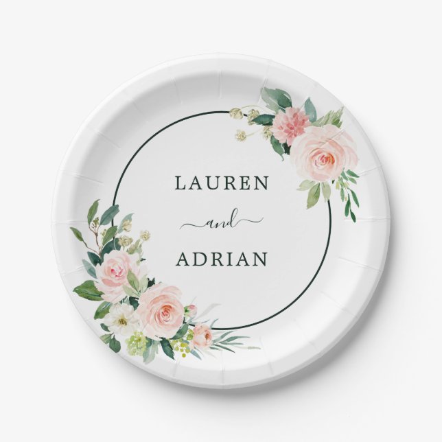 Blush Pink Bloom Wedding Paper Plates (Front)