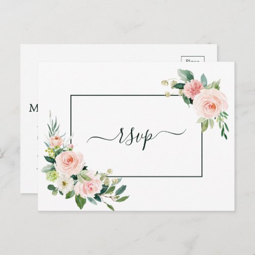 Blush Pink Bloom Wedding RSVP with Meal Choice Invitation Postcard