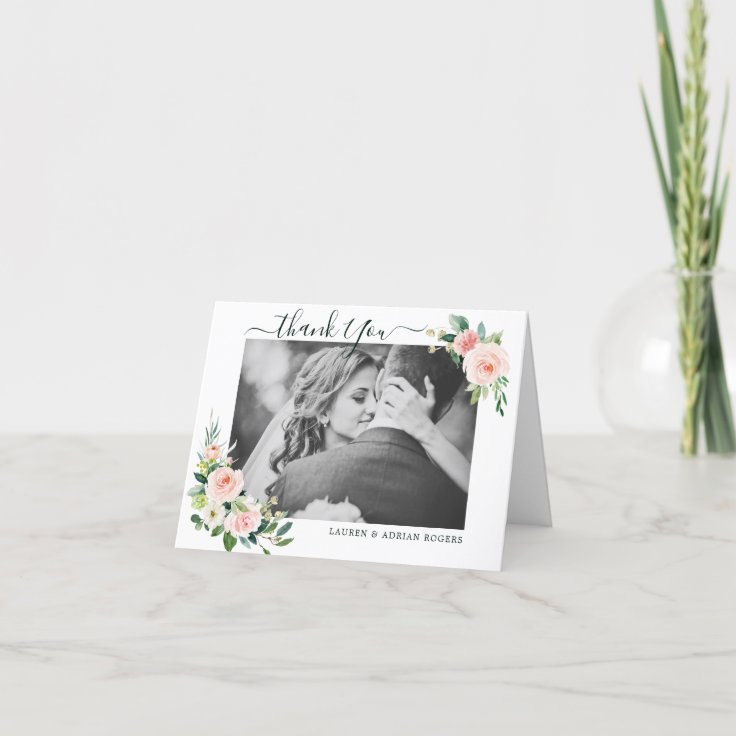 Blush Pink Bloom Wedding Thank You Photo Card | Zazzle