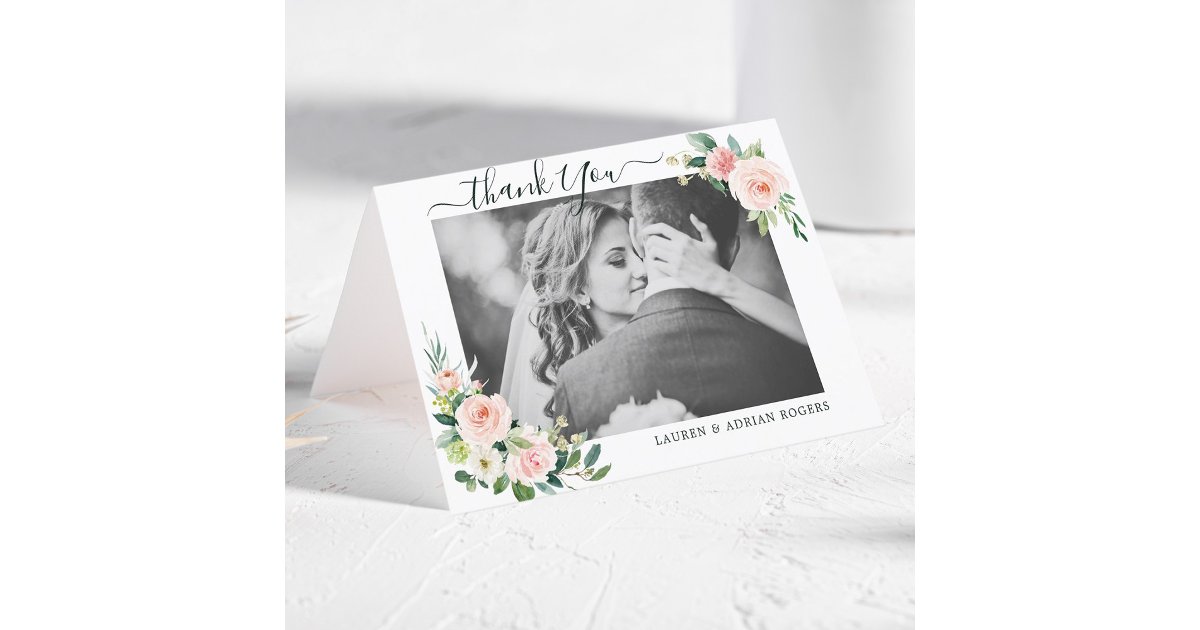 Blush Pink Bloom Wedding Thank You Photo Card | Zazzle