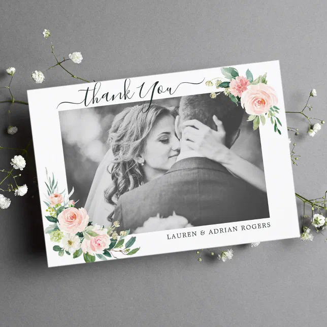 Blush Pink Bloom Wedding Thank You Photo Card | Zazzle