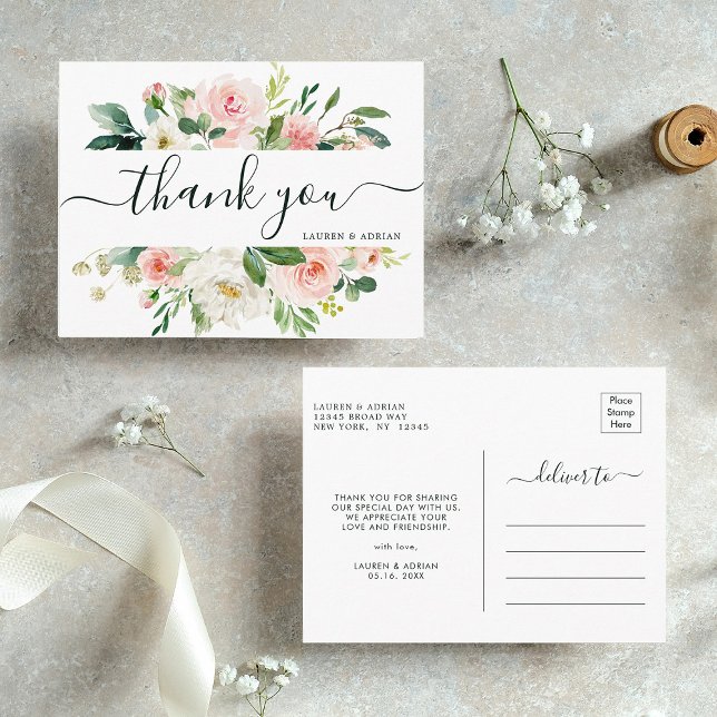 Blush Pink Bloom Wedding Thank You Postcard (Front & Back)
