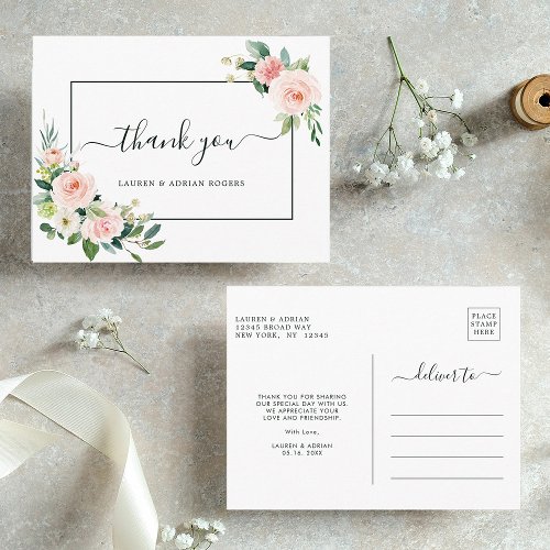 Blush Pink Bloom Wedding Thank You Postcard