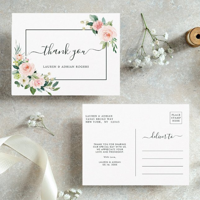Blush Pink Bloom Wedding Thank You Postcard (Front & Back)