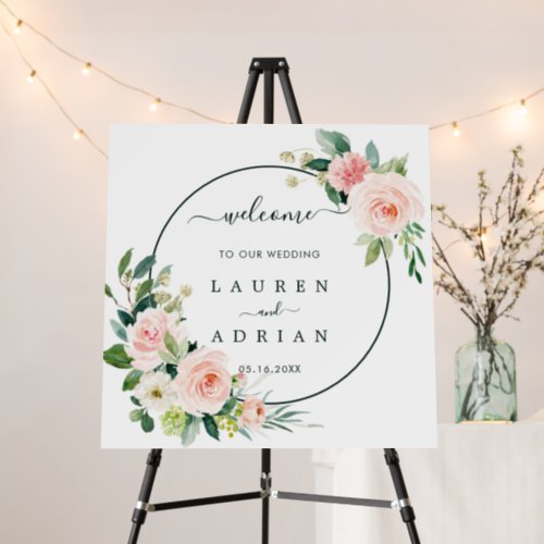 Blush Pink Bloom Wedding Welcome Square Foam Board