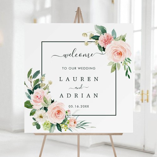 Blush Pink Bloom Wedding Welcome Square Foam Board