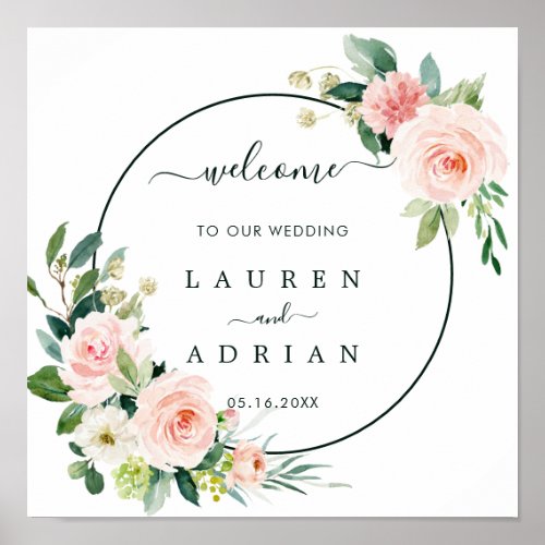 Blush Pink Bloom Wedding Welcome Square Sign