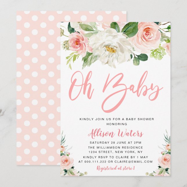 blush pink blooms floral Baby shower Invitation (Front/Back)