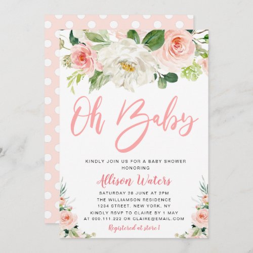 blush pink blooms floral Baby shower Invitation