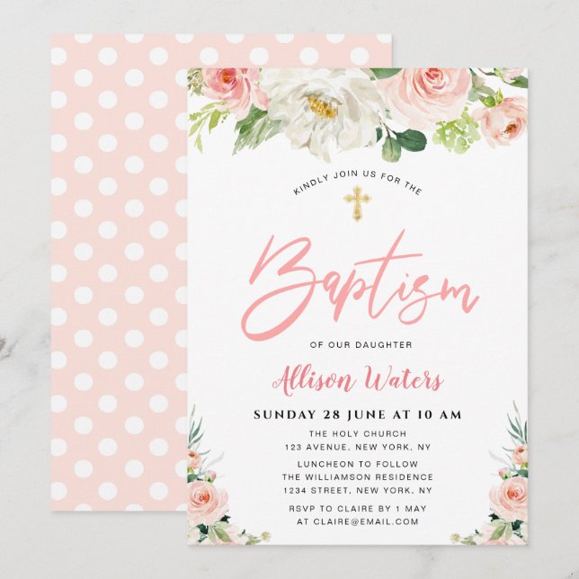 blush pink blooms floral Baptism invitation (Front/Back)