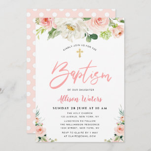 blush pink blooms floral Baptism invitation