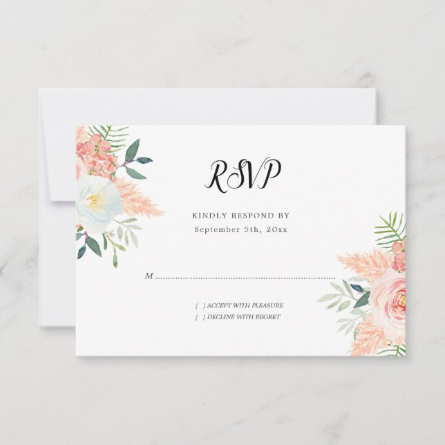 Blush Pink Blooms Floral Watercolor Wedding RSVP Card (Front)