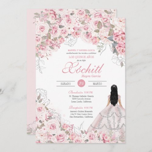 Blush Pink Blossom Elegant Floral Quinceanera Invitation