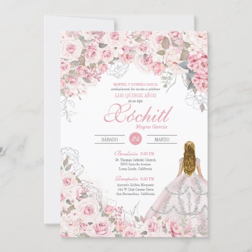 Blush Pink Blossom Elegant Floral Quinceanera Invitation