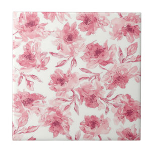Blush Pink Blossoms Watercolor Painted Airy Floral Ceramic Tile