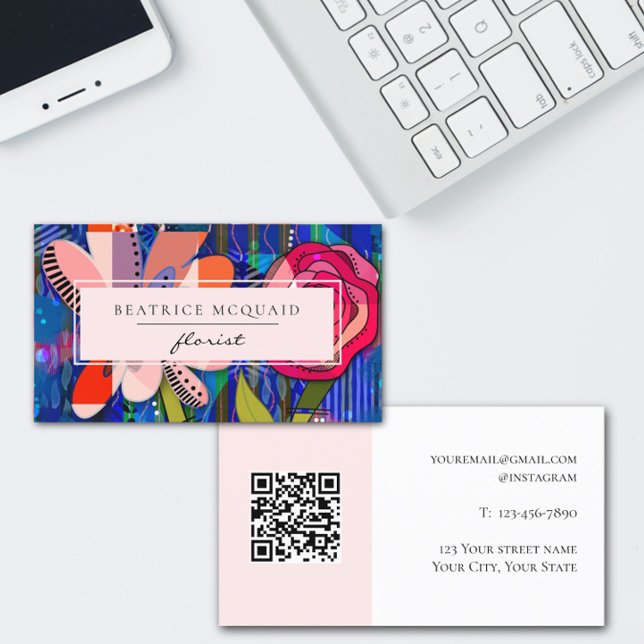 Blush pink blue abstract modern floral business card (Creator Uploaded)