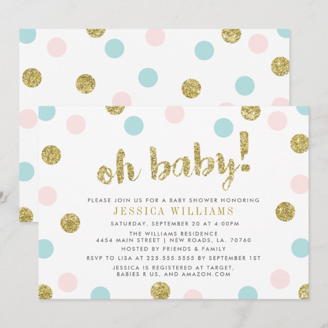 Blush Pink, Blue and Gold Baby Shower Invitation (Front/Back)
