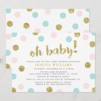 Blush Pink, Blue and Gold Baby Shower Invitation