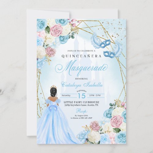 Blush Pink Blue Cinderella Masquerade Quinceanera Invitation