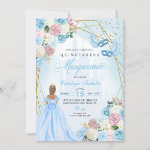 Blush Pink Blue Cinderella Masquerade Quinceanera Invitation