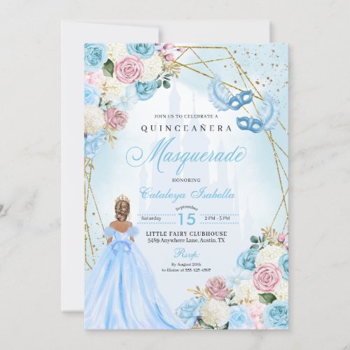 Blush Pink Blue Cinderella Masquerade Quinceanera Invitation