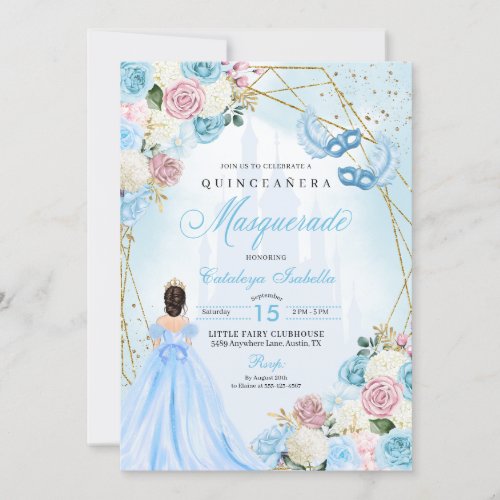 Blush Pink Blue Cinderella Masquerade Quinceanera Invitation