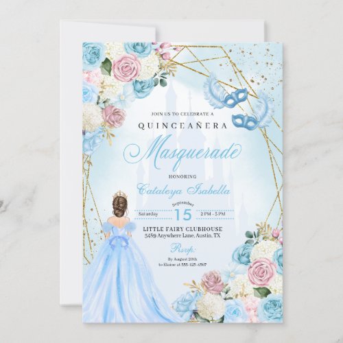 Blush Pink Blue Cinderella Masquerade Quinceanera Invitation