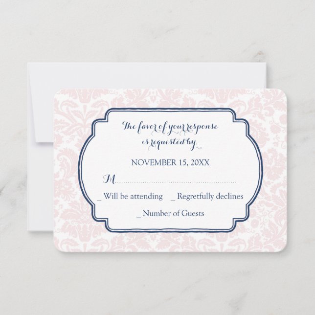 Blush Pink Blue Damask RSVP Wedding Card (Front)