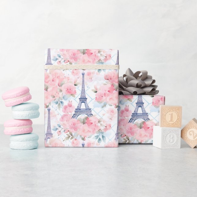 Blush Pink Blue Eiffel Tower Paris French Floral Wrapping Paper (Baby Shower)