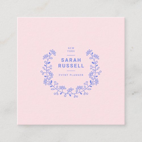 Blush pink blue elegant floral frame event planner square business card