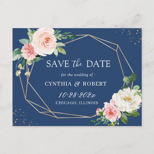 Blush Pink Blue Floral Geometric Save the Date Postcard - Modern Blush Floral Navy Blue Gold Geometric Save the Date Postcard