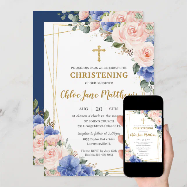 Blush Pink Blue Floral Gold Baptism Christening I Invitation | Zazzle